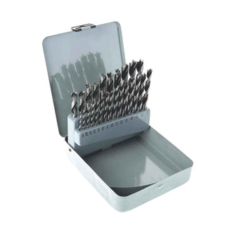 Set of brad point drill bits in a metal case on a white background