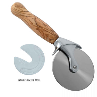 Classic Pro Pizza cutter kit with wooden handle and metal blade on a white background. With the included guard