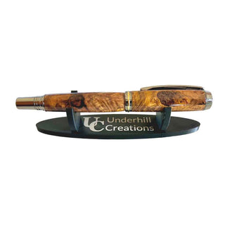 Custom Engraved 3D Printed Pen Display Stand with a pen. Alt engraving