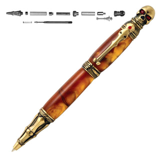 Skull Ballpoint Twist Pen Kits in antique brass with parts layout