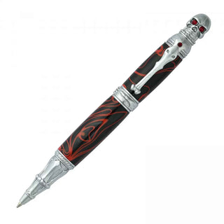 Skull Ballpoint Pen Kit featuring red crystal eyes, skeletal hand center band, and bone accents. A bold gothic design that writes smoothly and turns heads. Chrome.