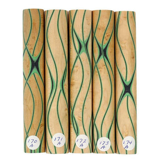 Three Veneer Serpentine Pen Blanks - Birdseye Maple W/ Black & Emerald Veneers #170-174A