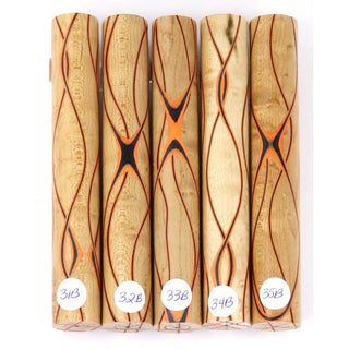 Three Veneer Serpentine Pen Blanks - Birdseye Maple W/ Black & Orange Veneers #31-35B