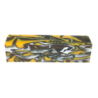 Cougar acrylic project blank with maroon, yellow-gold, white pearl, and black ribbon swirl pattern. Side View