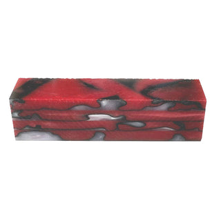 Fire & Ice acrylic project blank with opaque red, white pearl, and black ribbon swirl pattern. Side view