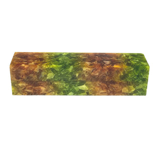 Season’s Splendor acrylic project blank with green, gold, and amber chip-style acrylic pattern. Side view