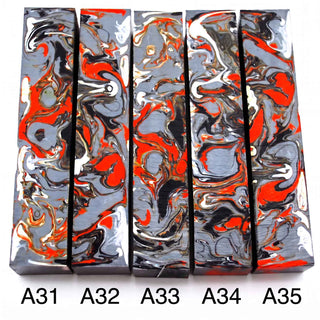 John's Handmade Alumilite pen blanks 31-35. Featuring smoky grey, black,  white and bright orange swirls