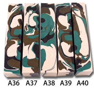 John's Handmade Alumilite pen blanks 36-40.  Featuring Camo green, chocolate brown, black, and tan swirls
