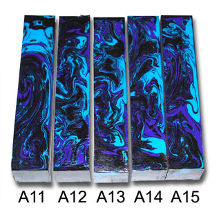 John's Handmade Alumilite pen blanks 11-15. Featuring Electric turquoise blue, black, and deep purple colors
