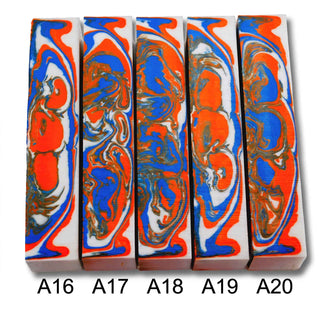 Johns Handmade Alumilite pen blanks 16-20. Featuring Electric blue, orange, and bright white
