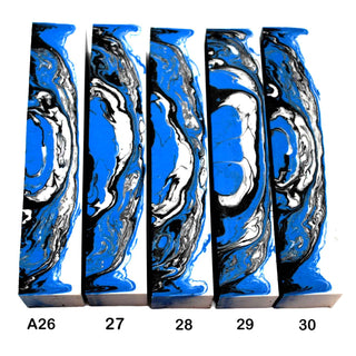 ohn's Handmade Alumilite pen blanks 26-30 Featuring vibrant blues, black, and bright white
