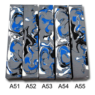 John's Handmade Alumilite pen blanks 11-15. Featuring Electric blue, black, grey and white swirls