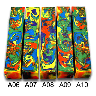 Johns Handmade Alumilite pen blanks 06-10. Featuring Electric blue, green, yellow, orange, and deep purple colors