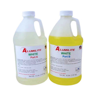 Two bottles of Alumilite White, one labeled 'Part A' and the other 'Part B', on a white background.