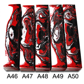 John's Handmade Alumilite pen blanks 46-50. Featuring a deep red, black and white swirls