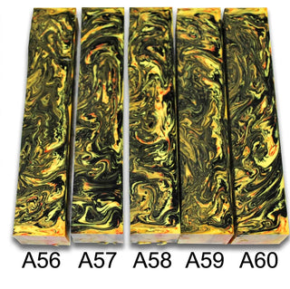 John's Handmade Alumilite pen blanks 56-60. Featuring black with bright yellow and orange swirls
