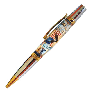 Patriotic America 250th resin pen blank by John U for woodturning projects. Shown on a Diamond Knurl pen kit