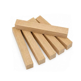Anigre wood pen blanks with pale golden-brown color and fine straight grain arranged for pen turning and woodworking projects. Group of 6