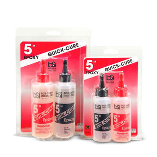 BSI QUIK-CURE 5 Minute Epoxy adhesive shown in 4.5 oz and 9 oz sizes for pen turning and woodworking.