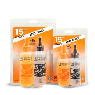 BSI MID-CURE 15 Minute Epoxy adhesive shown in 4.5 oz and 9 oz sizes for woodworking and pen making.