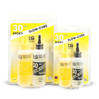 BSI SLOW-CURE 30 Minute Epoxy adhesive shown in 4.5 oz and 9 oz sizes for strong woodworking and project-kit bonds