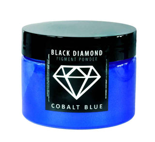 Blue container of Black Diamond Cobalt Blue pigment powder on a white background