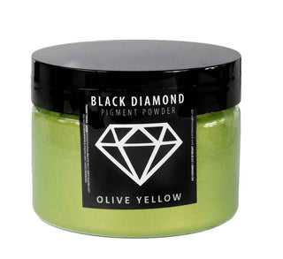Jar of Black Diamond Olive Yellow pigment powder with black lid on a white background