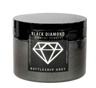 Black container of Black Diamond Battleship Grey pigment powder with a label on a white background