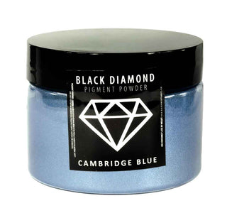 Jar of Black Diamond Cambridge Blue pigment powder with black lid on a white background