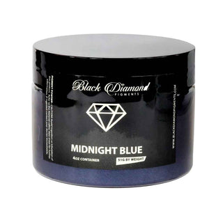 Black container of Black Diamond Pigments with 'Midnight Blue' label on a white background