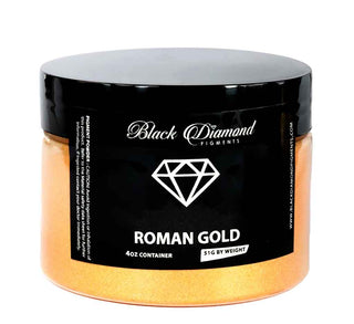 Jar of 'Roman Gold' pigment by Black Diamond Pigments on a white background