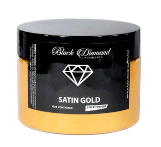 Jar of satin gold pigment by Black Diamond Pigments on a white background