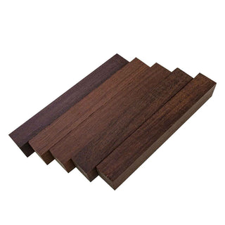 Brazilian Ebony pen blanks with dark chocolate-brown color and fine grain arranged for custom pen turning and woodworking projects. Group of 5