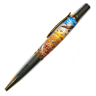 Canada Goose Hunter Pen Blank by John U finished on a Sierra-style pen featuring flying geese, hunting shells, and waterfowl hunting artwork.