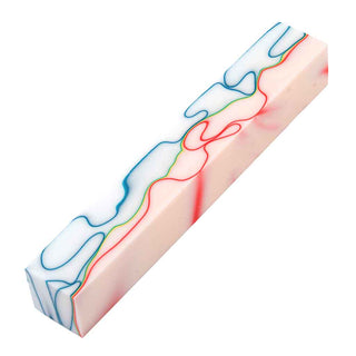 Candy Swirl Acrylic Pen Blank featuring colorful red, blue, green, and yellow ribbon swirls flowing through a creamy white acrylic acetate base.