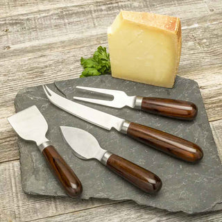 Four-piece stainless steel cheese knife kit with chisel knife, parmesan knife, serving fork, and pronged knife.