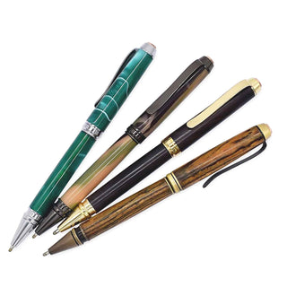 Woodturning cigarillo ballpoint pen kit. Group with different platings