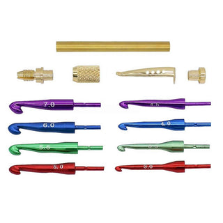 Crochet Multi Hook Kit in Prism & Gold. Parts layout