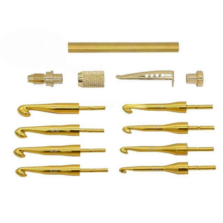 Crochet Multi Hook Kit in Gold. Parts Layout