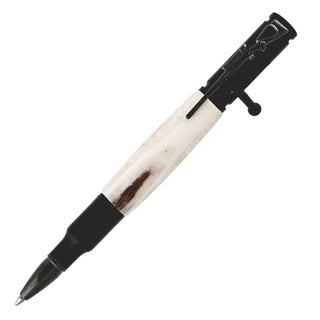 Black bolt action pen featuring a natural deer antler barrel made from a pre-drilled antler blank.