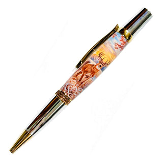 Deer Hunter Gun Hunter Pen Blank by John U finished on a Sierra-style pen featuring whitetail buck and hunting scene artwork