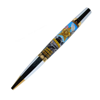 Deputy Sheriff-themed resin pen blank by John U featuring sheriff badge, patrol vehicles, American flag, eagle artwork, and law enforcement imagery for Sierra-style pen kits. Shown on a Diamond Knurl Pen Kit