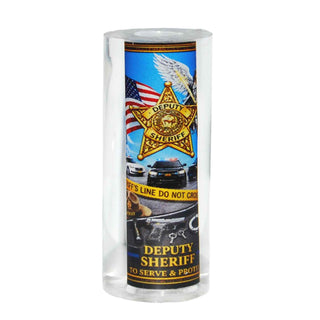 Deputy Sheriff-themed resin pen blank by John U featuring sheriff badge, patrol vehicles, American flag, eagle artwork, and law enforcement imagery for Sierra-style pen kits.