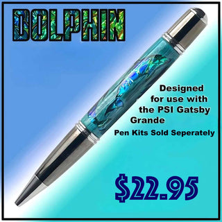 Dolphin Dichrolam® Laser Cut Inlay Kit featuring a laser-cut stabilized wood blank, Dichrolam® wrapped brass tube, and dolphin-themed design for PSI Gatsby Grande twist pen kits.