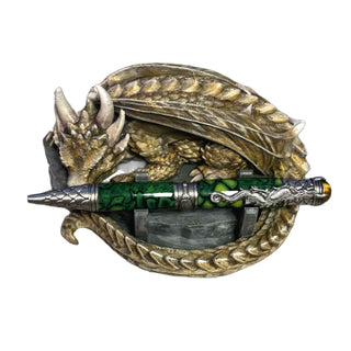 Hand-painted 3D-printed Sleeping Dragon Pen Stand by artist John U. A fantasy-themed display for handmade pens, available painted or unpainted.