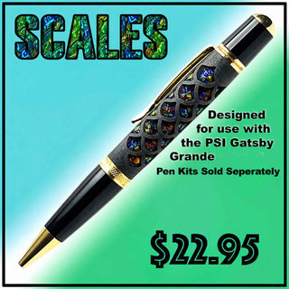 Dragon Scales Dichrolam Laser Cut Inlay Kit featuring Black Sea Dichrolam accents and laser-cut stabilized wood for PSI Gatsby Grande pen kits.