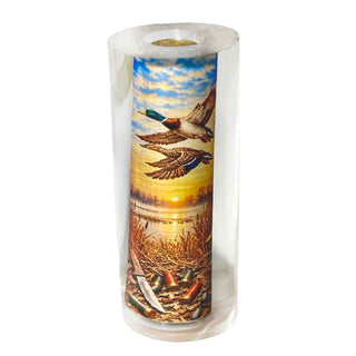 Duck Hunter Pen Blank by John U with mallard ducks flying over a marsh sunset and waterfowl hunting artwork