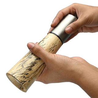 Duet salt shaker and peppermill combo kit woodturning project. Pepper grinder in use