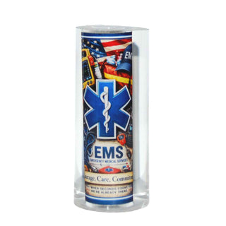 EMS-themed resin pen blank by John U featuring Star of Life symbol, emergency medical equipment, American flag, and first responder artwork for Sierra-style pen kits.