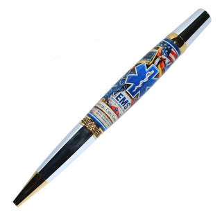 EMS-themed resin pen blank by John U featuring Star of Life symbol, emergency medical equipment, American flag, and first responder artwork for Sierra-style pen kits. On a Diamond Knurl Pen Kit